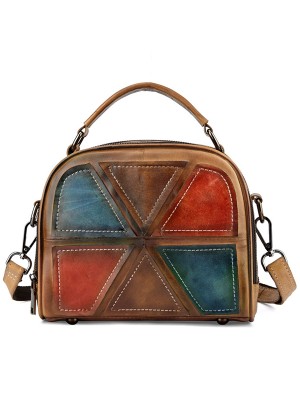 Women Vintage Genuine Leather Handmade Brush Color Handbags Stitching Crossbody Bags