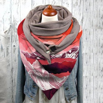 Women Multi  purpose Colored Landscape Printing Scarf Triangle Autumn Winter Warm Soft Button Scarf Scarves